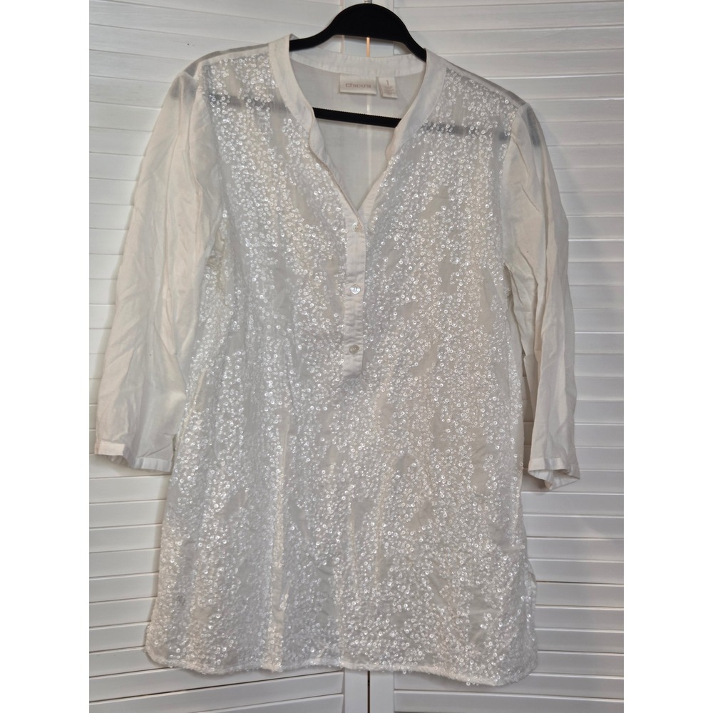 Chico's White Sequin Front Tunic Top Size 1 Medium 3/4 Sleeve Split Neck Blouse